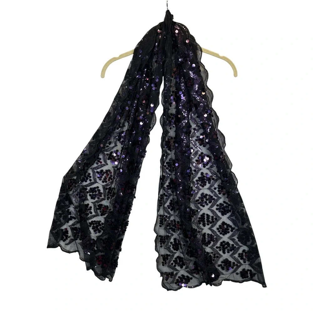 Vintage Style Black Mesh Purple Sequin Scalloped Edge Evening Wrap Shawl Scarf
